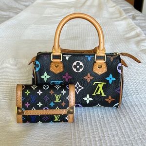Luis Vuitton Mini Speedy Handbag Black Mono-gram Multi plus matching wallet